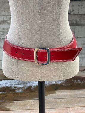 Vintage Wide Statement Belt M Red Leather Silver Buckle Classic 90s Preppy Retro